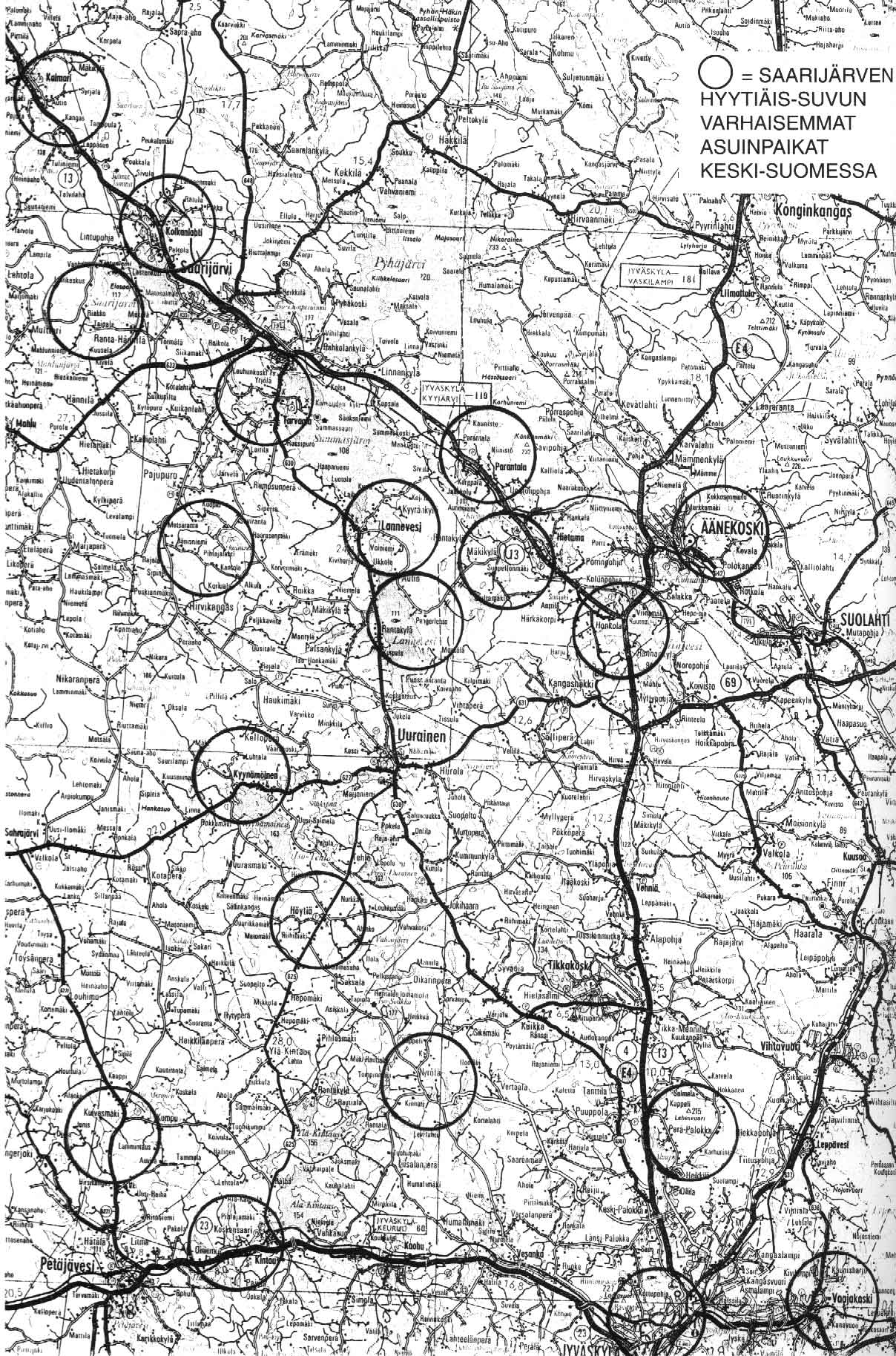 Kartta Saarij&auml;rven Hyyti&auml;is-suvun varhaisimmista asuinpaikoista Keski-Suomessa. (n. 400 kt)